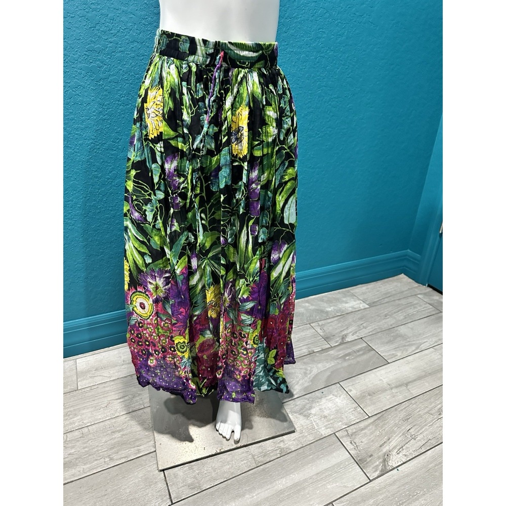 VTG Take Two Floral Multicolor Crinkle Maxi Skirt Boho Art To Wear Cottage XL